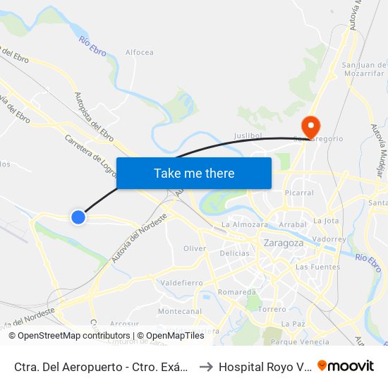 Ctra. Del Aeropuerto - Ctro. Exámenes Tráfico to Hospital Royo Villanova map