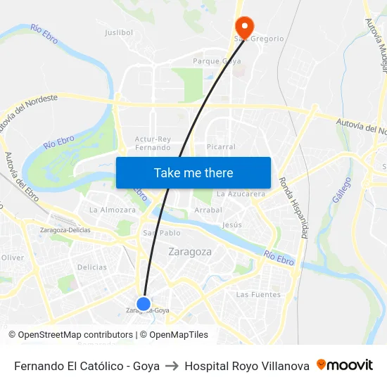 Fernando El Católico - Goya to Hospital Royo Villanova map
