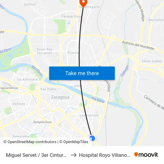 Miguel Servet / 3er Cinturón to Hospital Royo Villanova map