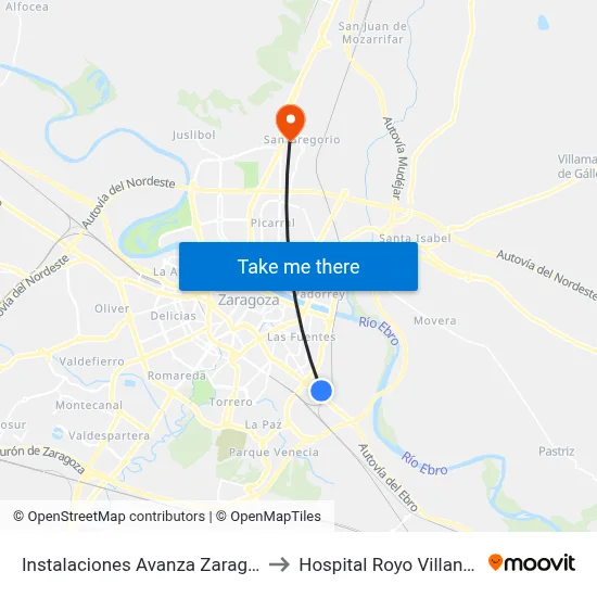 Instalaciones Avanza Zaragoza to Hospital Royo Villanova map