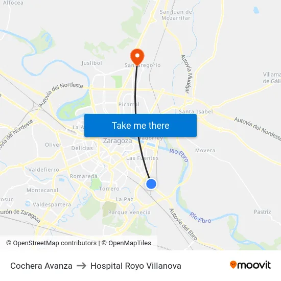 Cochera Avanza to Hospital Royo Villanova map