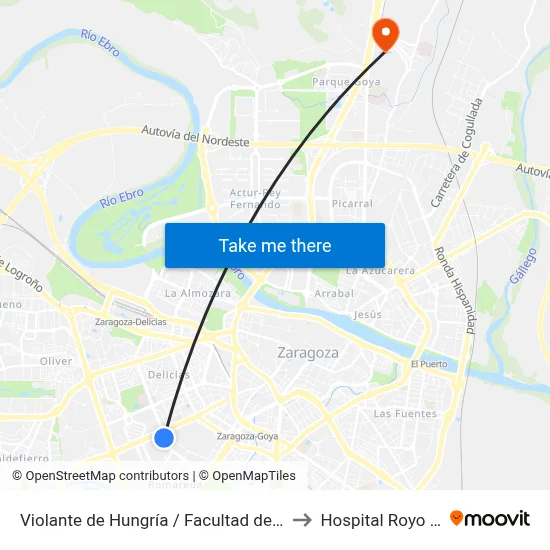 Violante de Hungría / Facultad de Ciencias Sociales to Hospital Royo Villanova map