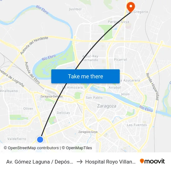 Av. Gómez Laguna / Depósitos to Hospital Royo Villanova map