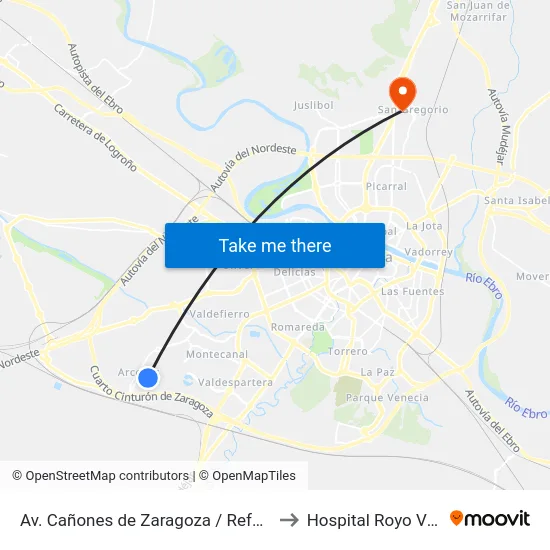 Av. Cañones de Zaragoza / Refugio de Góriz to Hospital Royo Villanova map