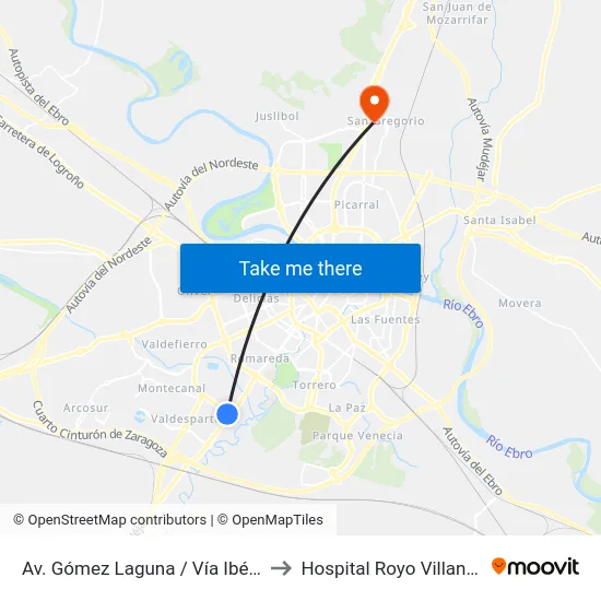 Av. Gómez Laguna / Vía Ibérica to Hospital Royo Villanova map