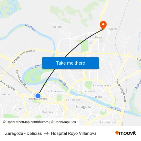 Zaragoza - Delicias to Hospital Royo Villanova map