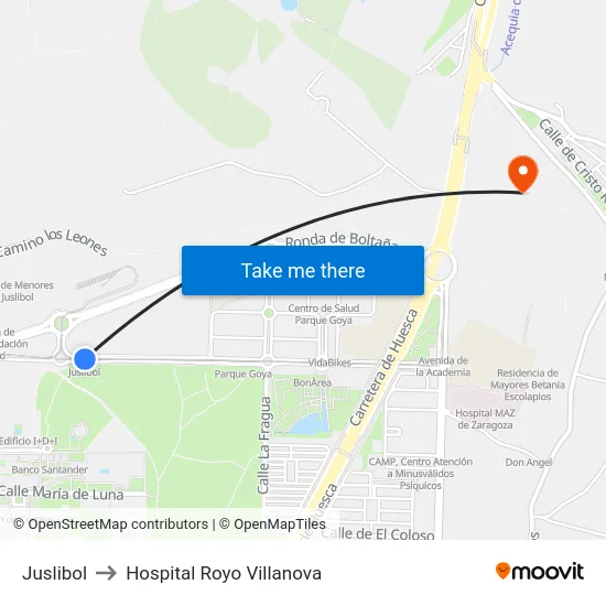 Juslibol to Hospital Royo Villanova map