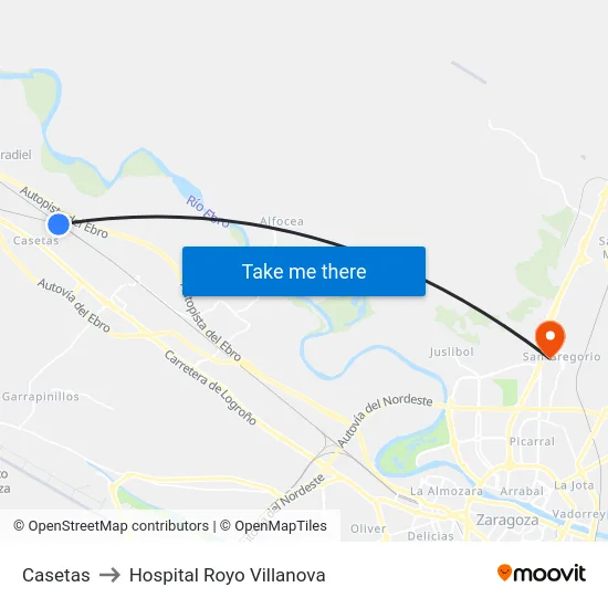 Casetas to Hospital Royo Villanova map
