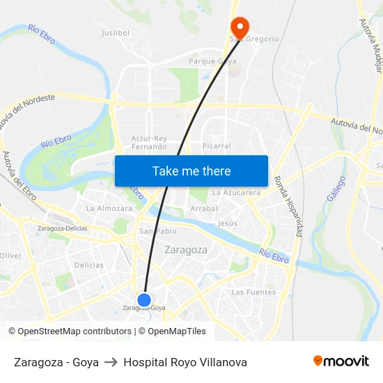 Zaragoza - Goya to Hospital Royo Villanova map