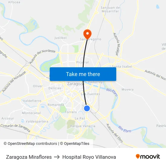 Zaragoza Miraflores to Hospital Royo Villanova map