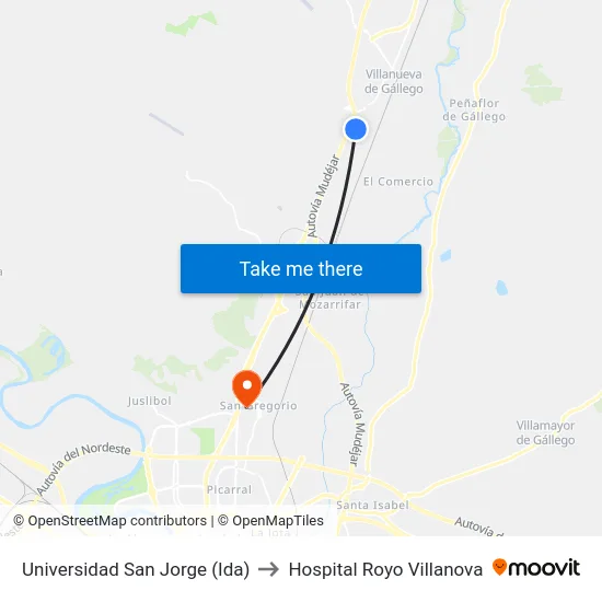 Universidad San Jorge (Ida) to Hospital Royo Villanova map