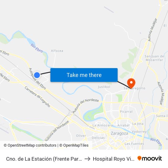 Cno. de La Estación (Frente Parque Rober) to Hospital Royo Villanova map