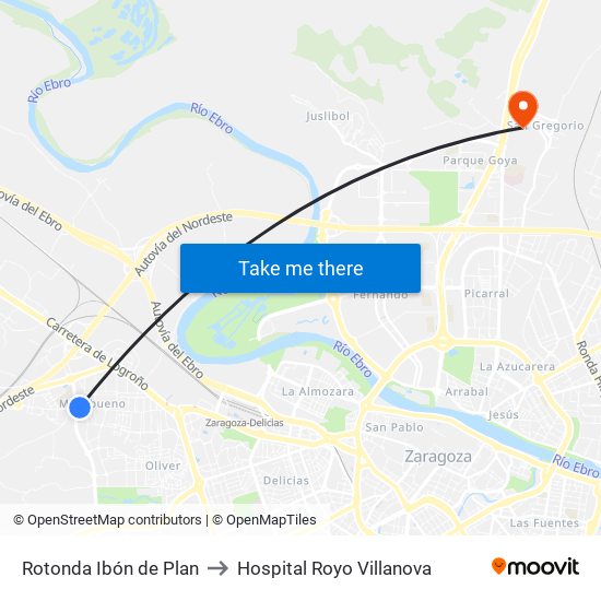 Rotonda Ibón de Plan to Hospital Royo Villanova map