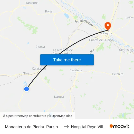 Monasterio de Piedra. Parking Buses to Hospital Royo Villanova map