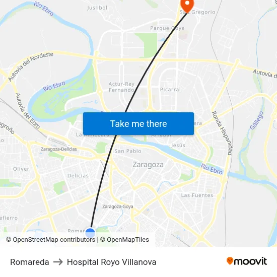 Romareda to Hospital Royo Villanova map