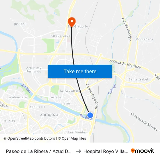 Paseo de La Ribera / Azud Del Ebro to Hospital Royo Villanova map