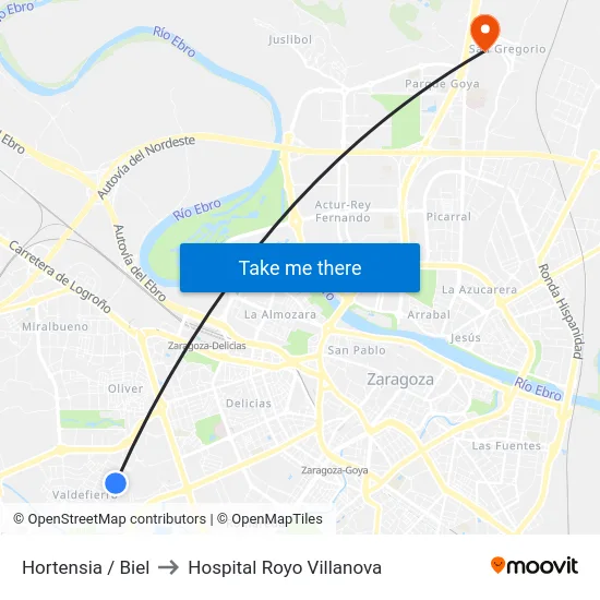 Hortensia / Biel to Hospital Royo Villanova map