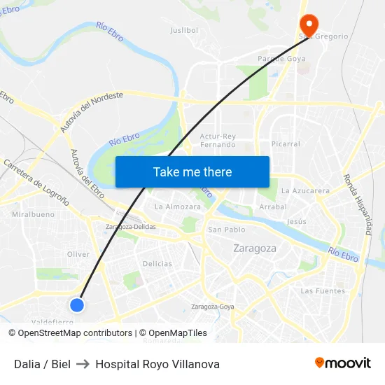 Dalia / Biel to Hospital Royo Villanova map
