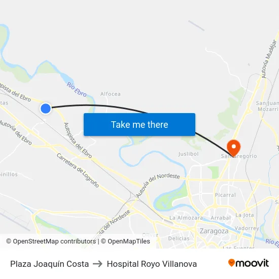 Plaza Joaquín Costa to Hospital Royo Villanova map
