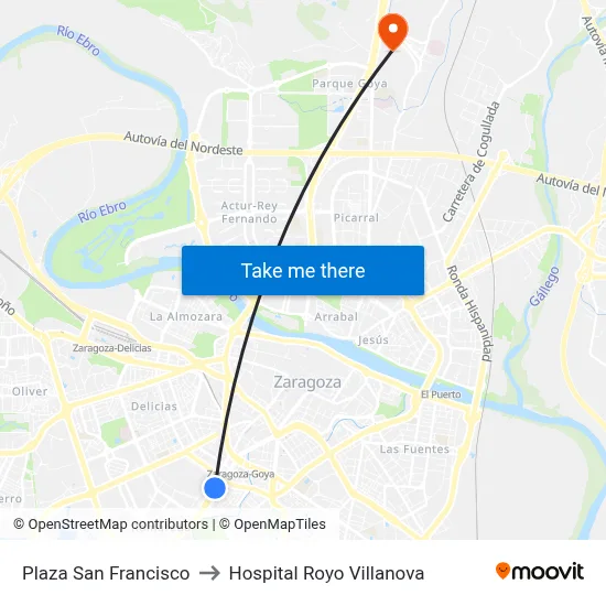 Plaza San Francisco to Hospital Royo Villanova map
