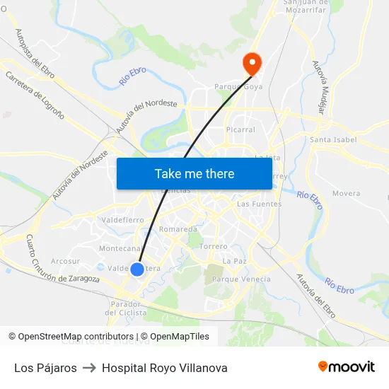 Los Pájaros to Hospital Royo Villanova map