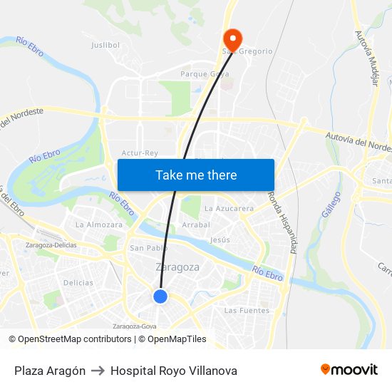 Plaza Aragón to Hospital Royo Villanova map