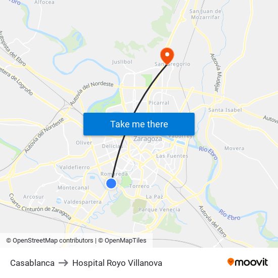 Casablanca to Hospital Royo Villanova map