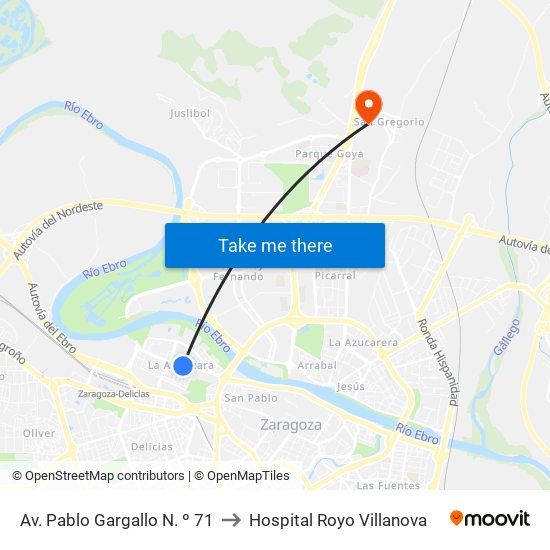 Av. Pablo Gargallo N. º 71 to Hospital Royo Villanova map