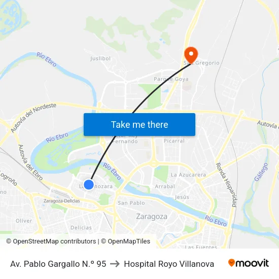 Av. Pablo Gargallo N.º 95 to Hospital Royo Villanova map