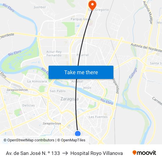 Av. de San José N. º 133 to Hospital Royo Villanova map
