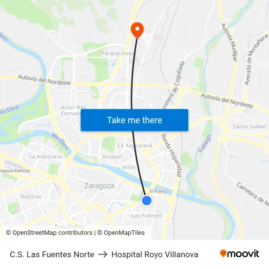 C.S. Las Fuentes Norte to Hospital Royo Villanova map