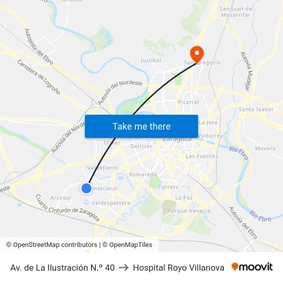 Av. de La Ilustración N.º 40 to Hospital Royo Villanova map