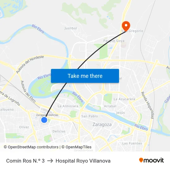 Comín Ros N.º 3 to Hospital Royo Villanova map