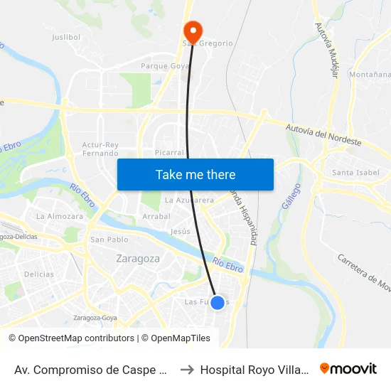 Av. Compromiso de Caspe N.º 72 to Hospital Royo Villanova map