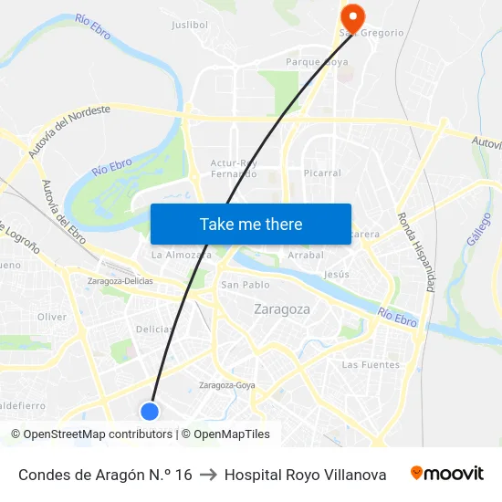 Condes de Aragón N.º 16 to Hospital Royo Villanova map