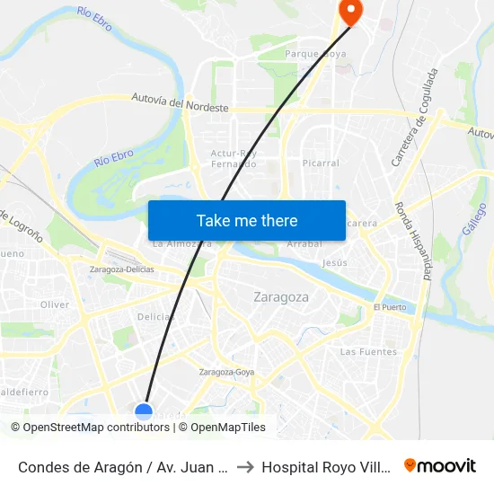 Condes de Aragón / Av. Juan Pablo II to Hospital Royo Villanova map