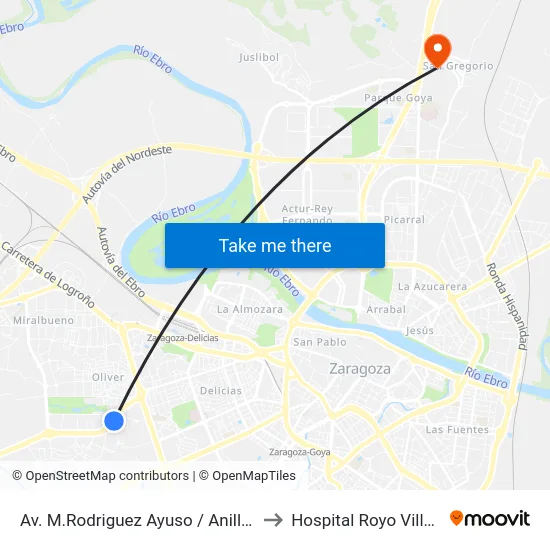 Av. M.Rodriguez Ayuso / Anillo Verde to Hospital Royo Villanova map