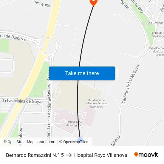 Bernardo Ramazzini N.º 5 to Hospital Royo Villanova map