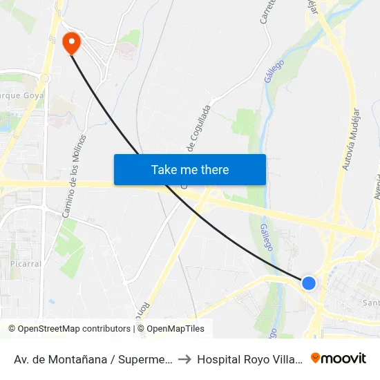 Av. de Montañana / Supermercado to Hospital Royo Villanova map