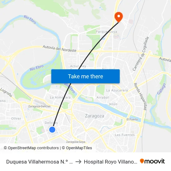 Duquesa Villahermosa N.º 97 to Hospital Royo Villanova map