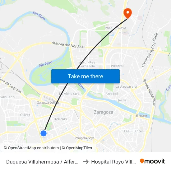 Duquesa Villahermosa / Alferez Rojas to Hospital Royo Villanova map