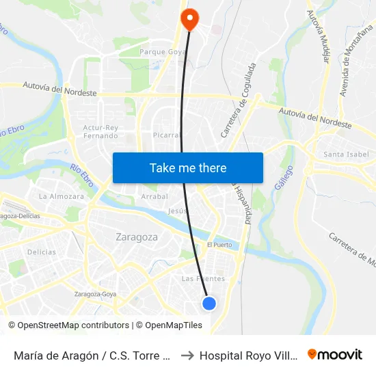 María de Aragón / C.S. Torre Ramona to Hospital Royo Villanova map