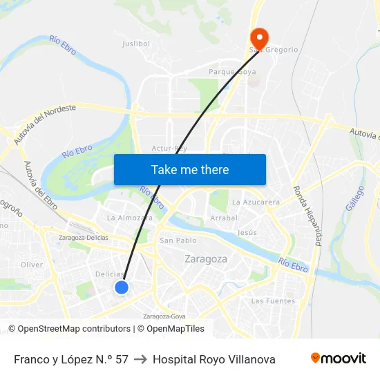 Franco y López N.º 57 to Hospital Royo Villanova map