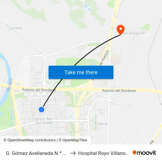 G. Gómez Avellaneda N.º 73 to Hospital Royo Villanova map