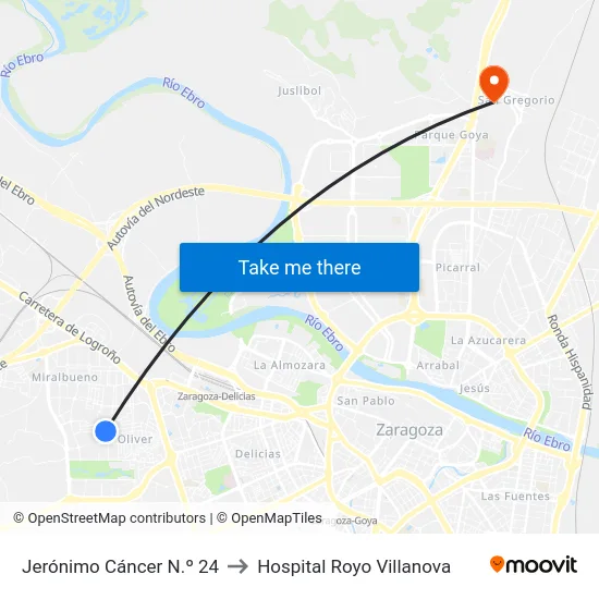 Jerónimo Cáncer N.º 24 to Hospital Royo Villanova map