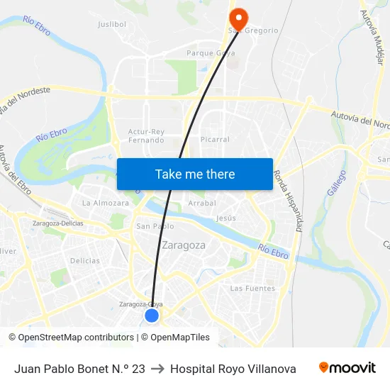 Juan Pablo Bonet N.º 23 to Hospital Royo Villanova map