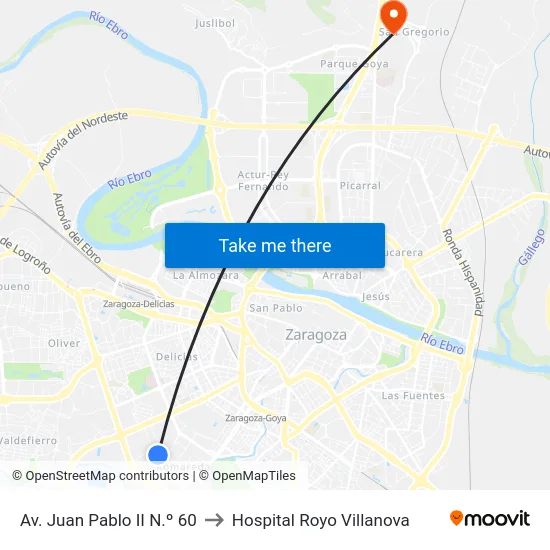 Av. Juan Pablo II N.º 60 to Hospital Royo Villanova map