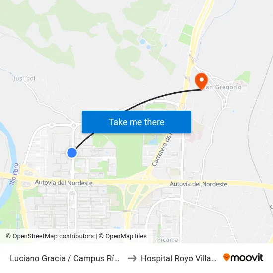Luciano Gracia / Campus Río Ebro to Hospital Royo Villanova map
