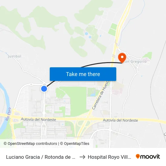 Luciano Gracia / Rotonda de Juslibol to Hospital Royo Villanova map