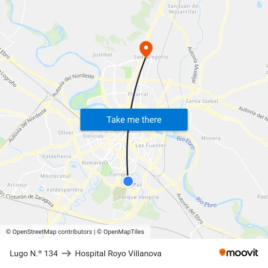 Lugo N.º 134 to Hospital Royo Villanova map